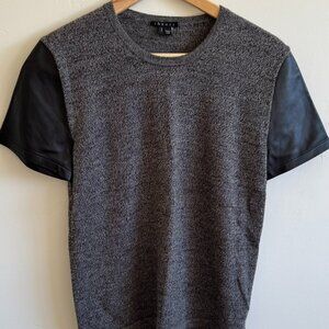 Theory Grey Bouclé Knit Tee with Faux Leather Sleeves | Minimalist Modern Top S
